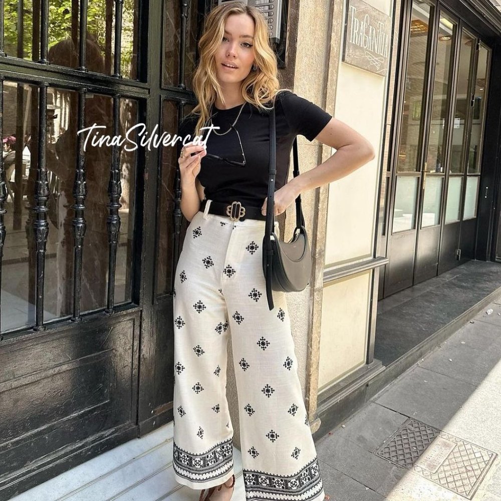 Zara Linen Blend Printed Pants White Black Sz XL NWT - Picture 13 of 16